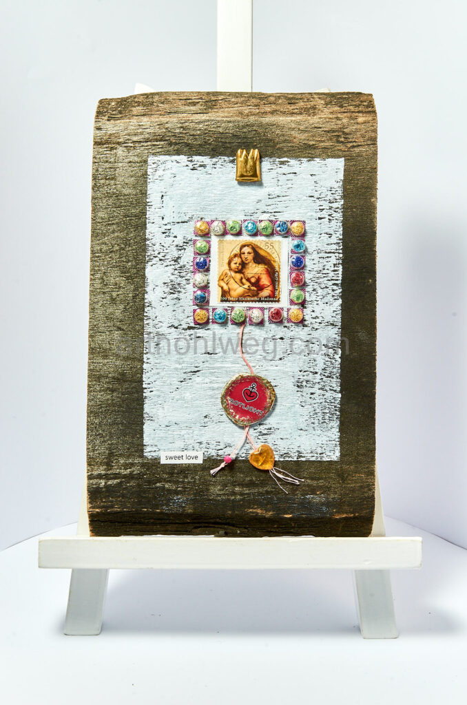Collage on waste wood Title: Sweet Love