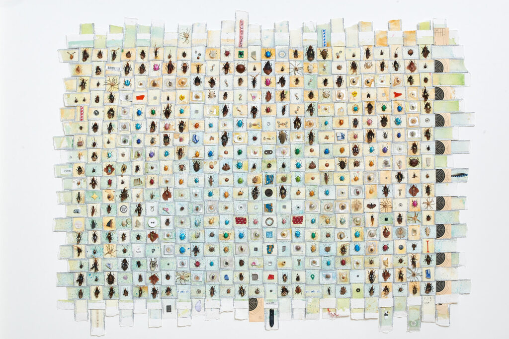 Große Collage aus hunderten Fundstücken als Insektensammlung arrangiert