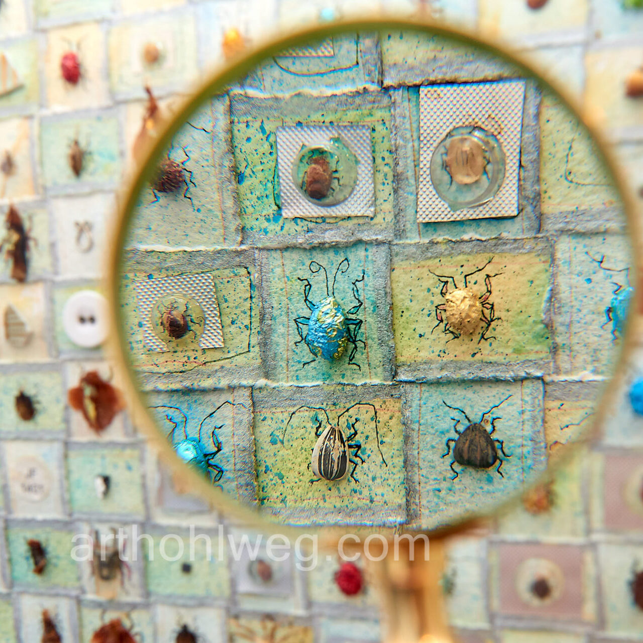 Collage of found objects viewed through a magnifying glass.