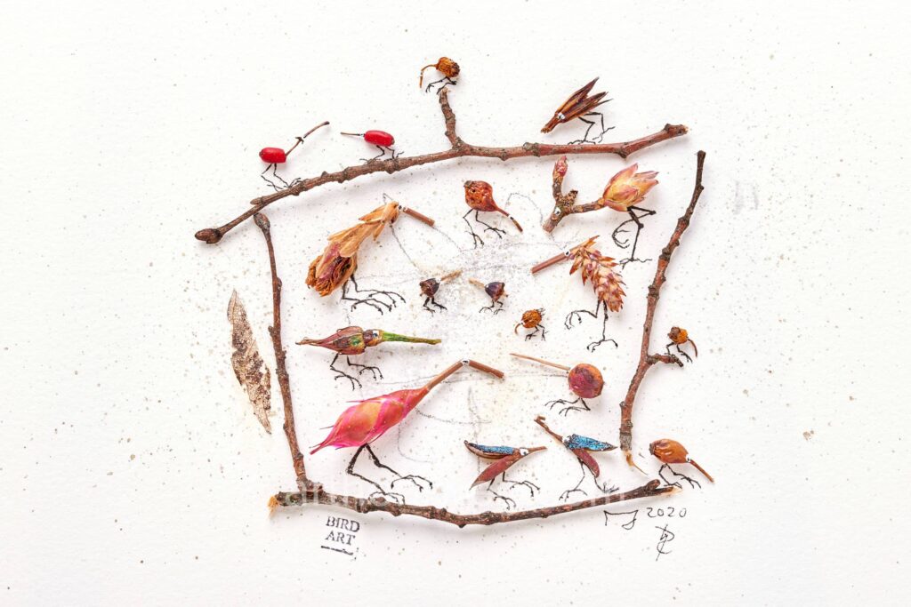 Collage titled “Siskin in the Brush” featuring a bird-like figure made of plant debris among delicate twigs.