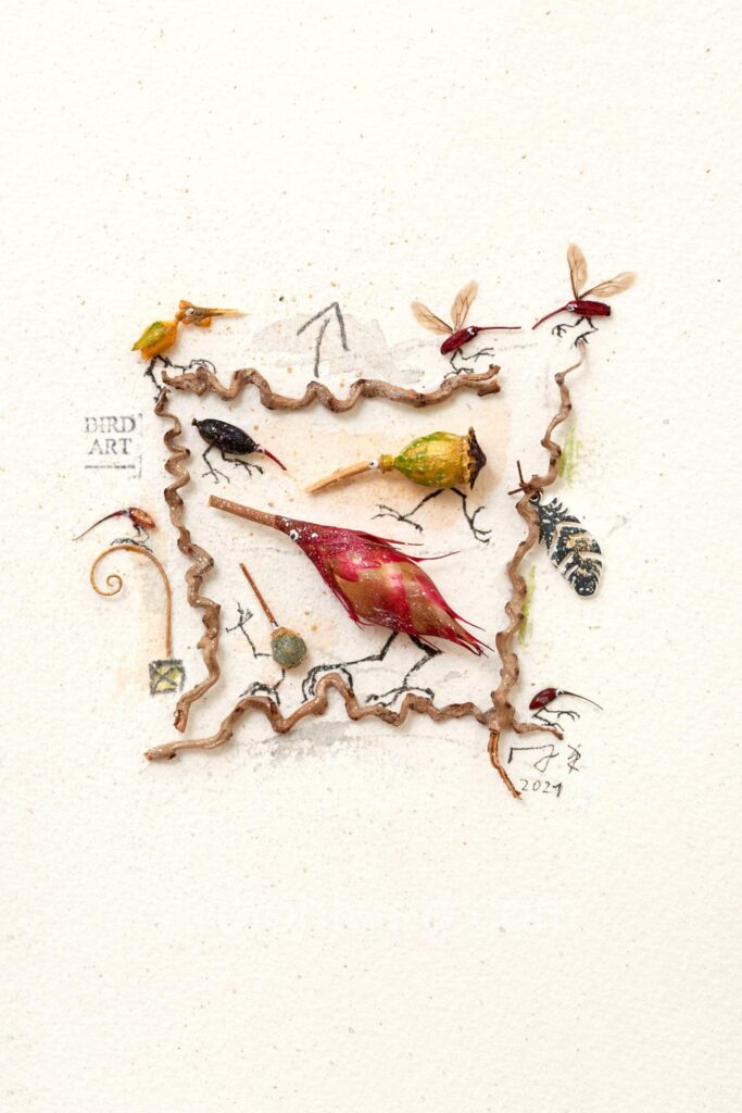 Several bird-like figures made from plant debris form a small community in the Palm Garden.