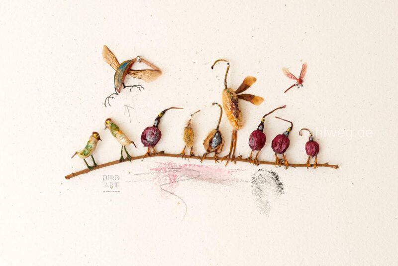 Collage with birds made from plant remains, sitting on a pole, collage by Magdalena Hohlweg.