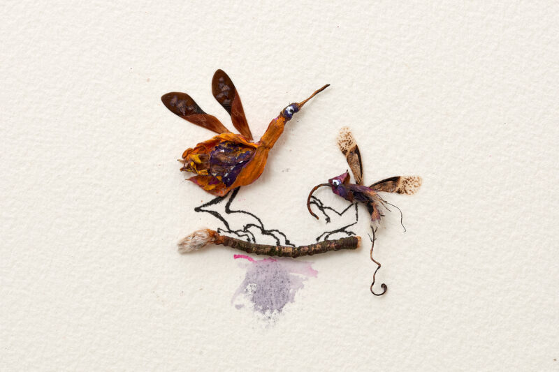 Two birds made of plant remains and insect wings on a pole, collage by Magdalena Hohlweg.