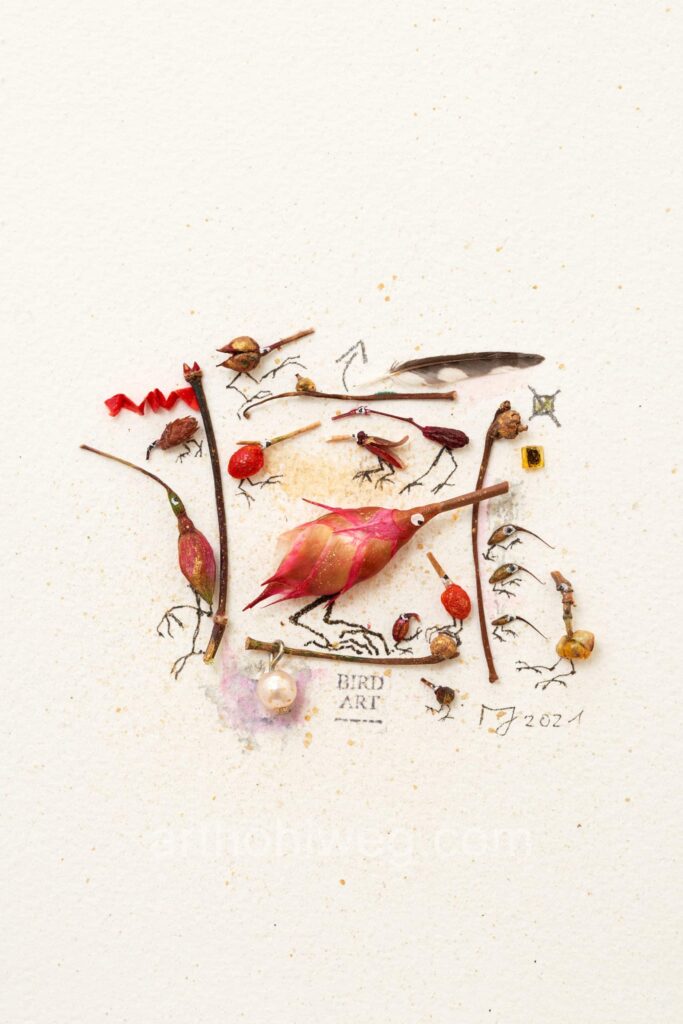 A collage featuring a bird resembling a red-headed woodpecker and other bird figures made from plant scraps.
