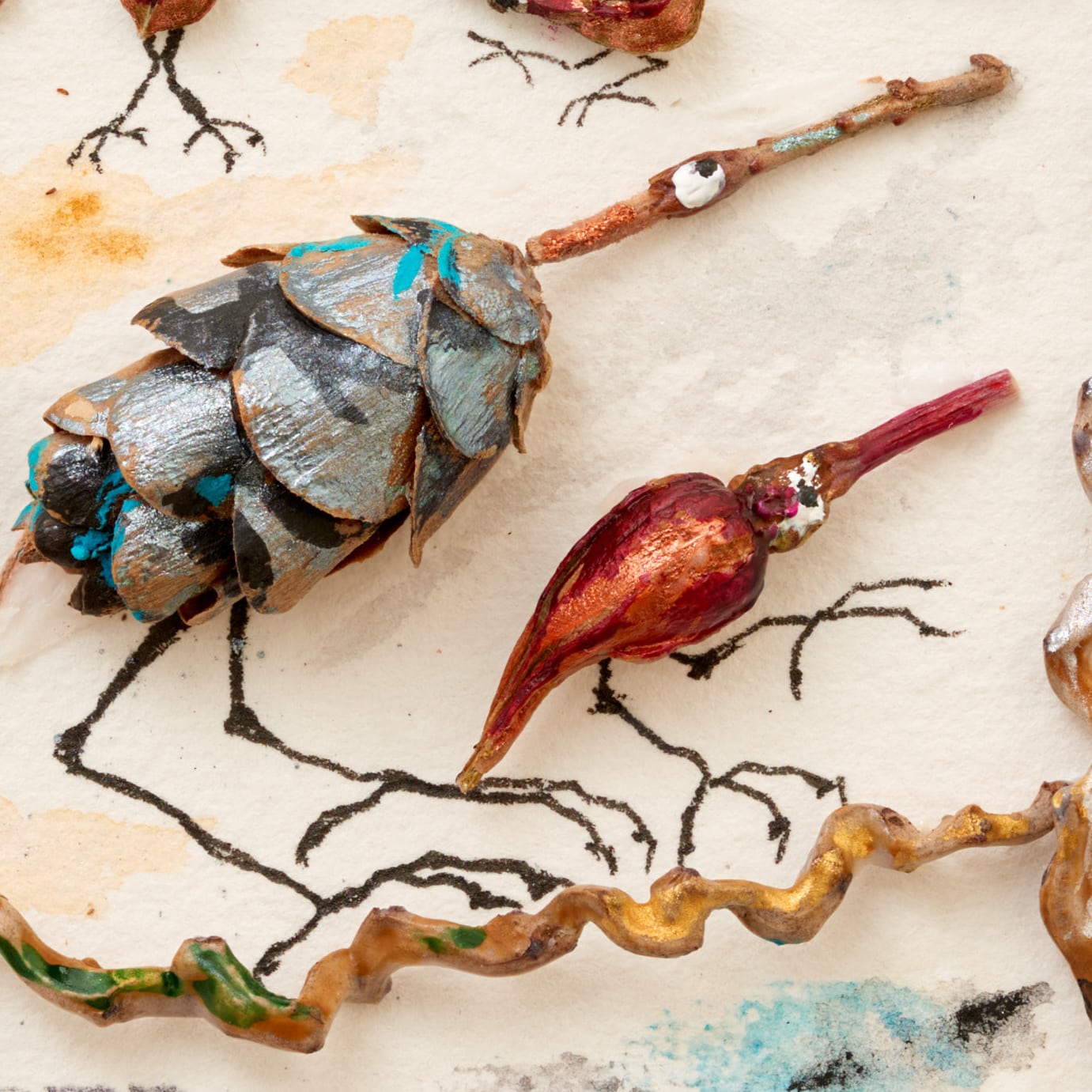 Detail of a collage - Two bird species made from plant finds