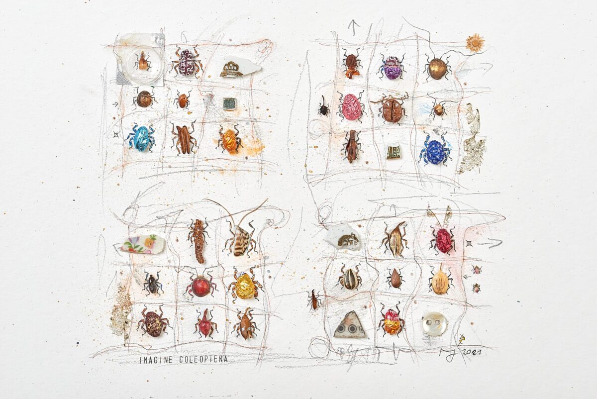 Miniaturcollage „Insektensammlung“ mit zahlreichen Insektenfiguren aus Papier- und Pflanzenresten, ergänzt durch feine Zeichnungen.