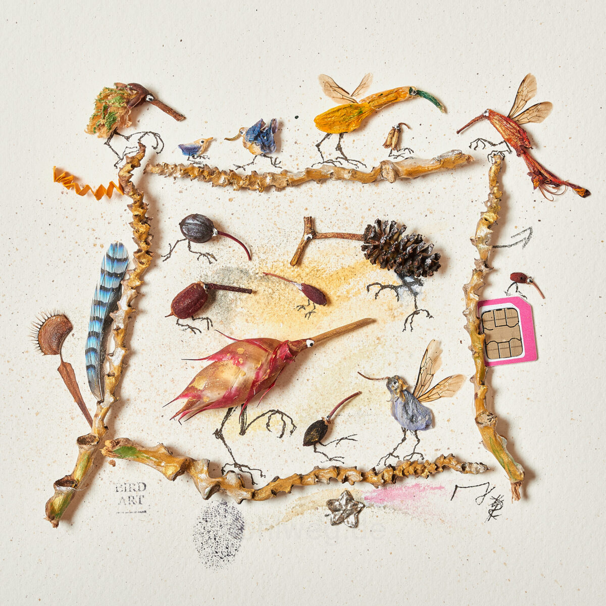Overall view of the miniature collage “The Digitization of Nature?” featuring bird figures made from plant debris, a feather, and a pink chip card.