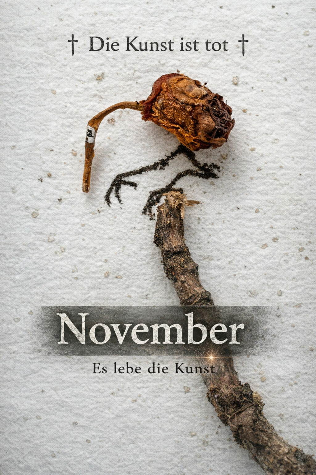 November-Collage von Magdalena Hohlweg: vertrocknete Hagebutte als Figur, Text ‚Die Kunst ist tot – Es lebe die Kunst