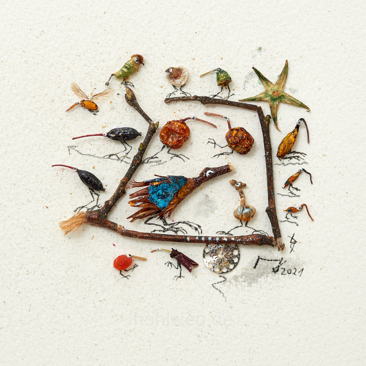Overall view of the miniature collage “My Birdcage is my Castle,” featuring numerous bird-like figures made from plant scraps, a bumblebee wing, and a fragment of jewelry.
