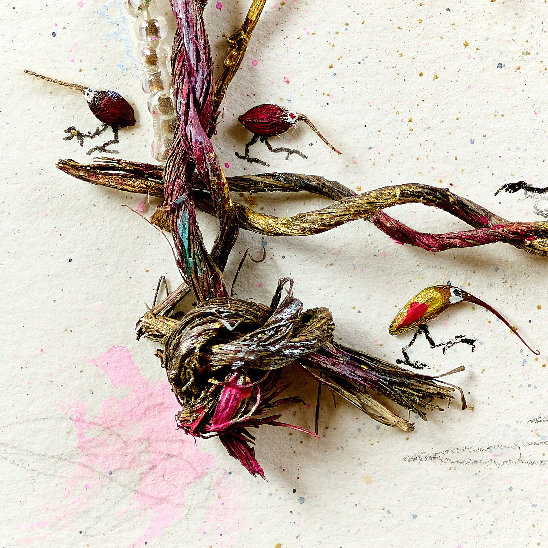 Collage of nature finds. Seeds are reinterpreted as bird species. 