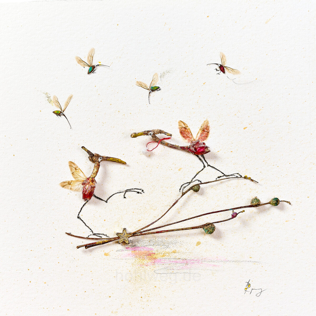 Overall view of the miniature collage “Perlentaucher,” featuring two bird figures made from plant debris, twigs, and small fragments of jewelry.
