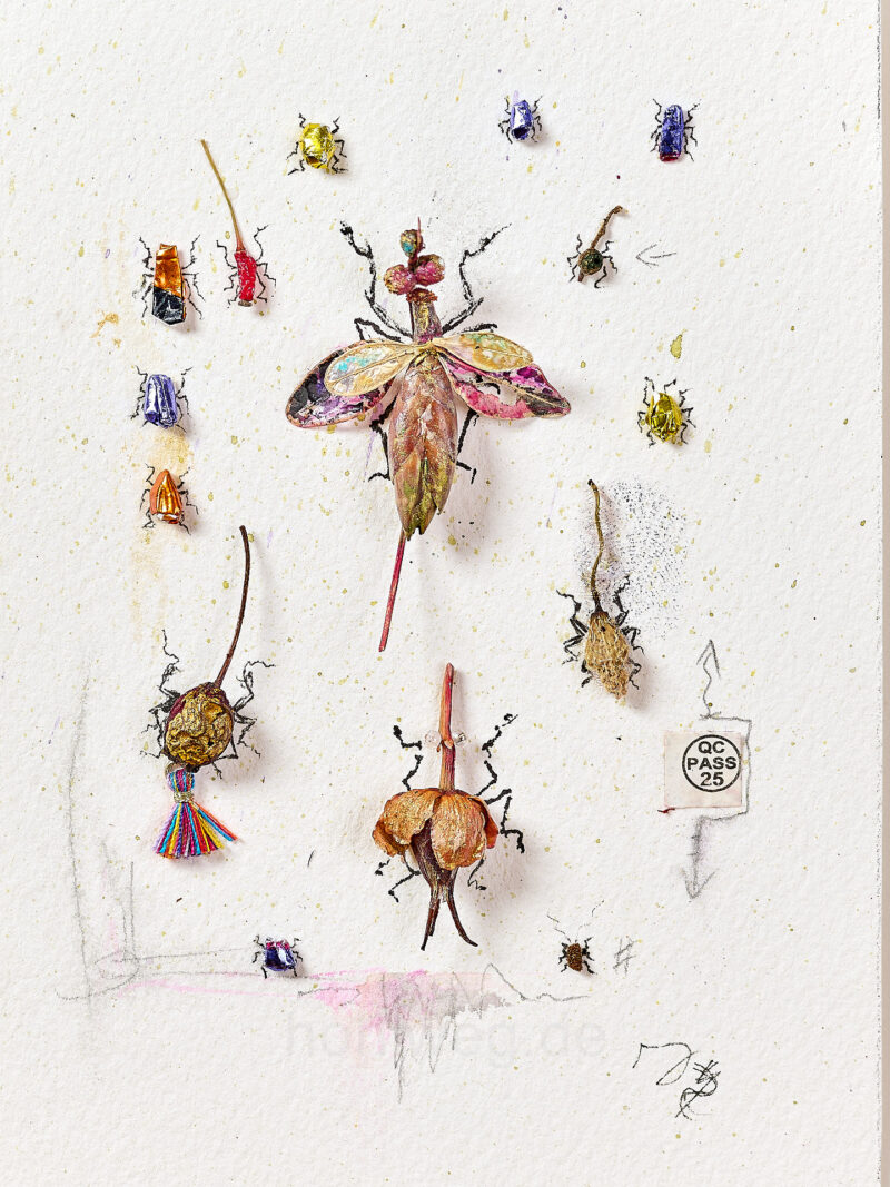 Overall view of the miniature assemblage “Find Report No. 25,” featuring an insect collection made of candy wrappers, plant remains, and fragments of jewelry.