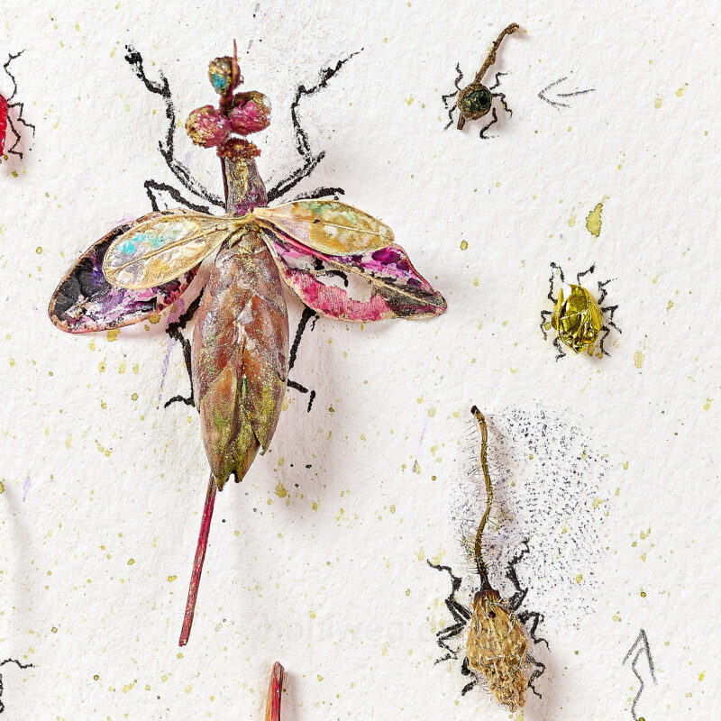 Detail from the miniature assemblage “Find Report No. 25,” featuring insect-like figures made of candy wrappers, plant remains, and fragments of jewelry.