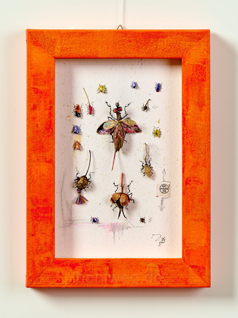 Framed miniature assemblage “Find Report No. 25” featuring insect figures made from candy wrappers, plant remains, and fragments of jewelry.