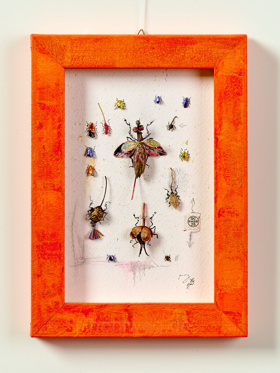Framed miniature collage by Magdalena Hohlweg made from found objects that have been reinterpreted as insects