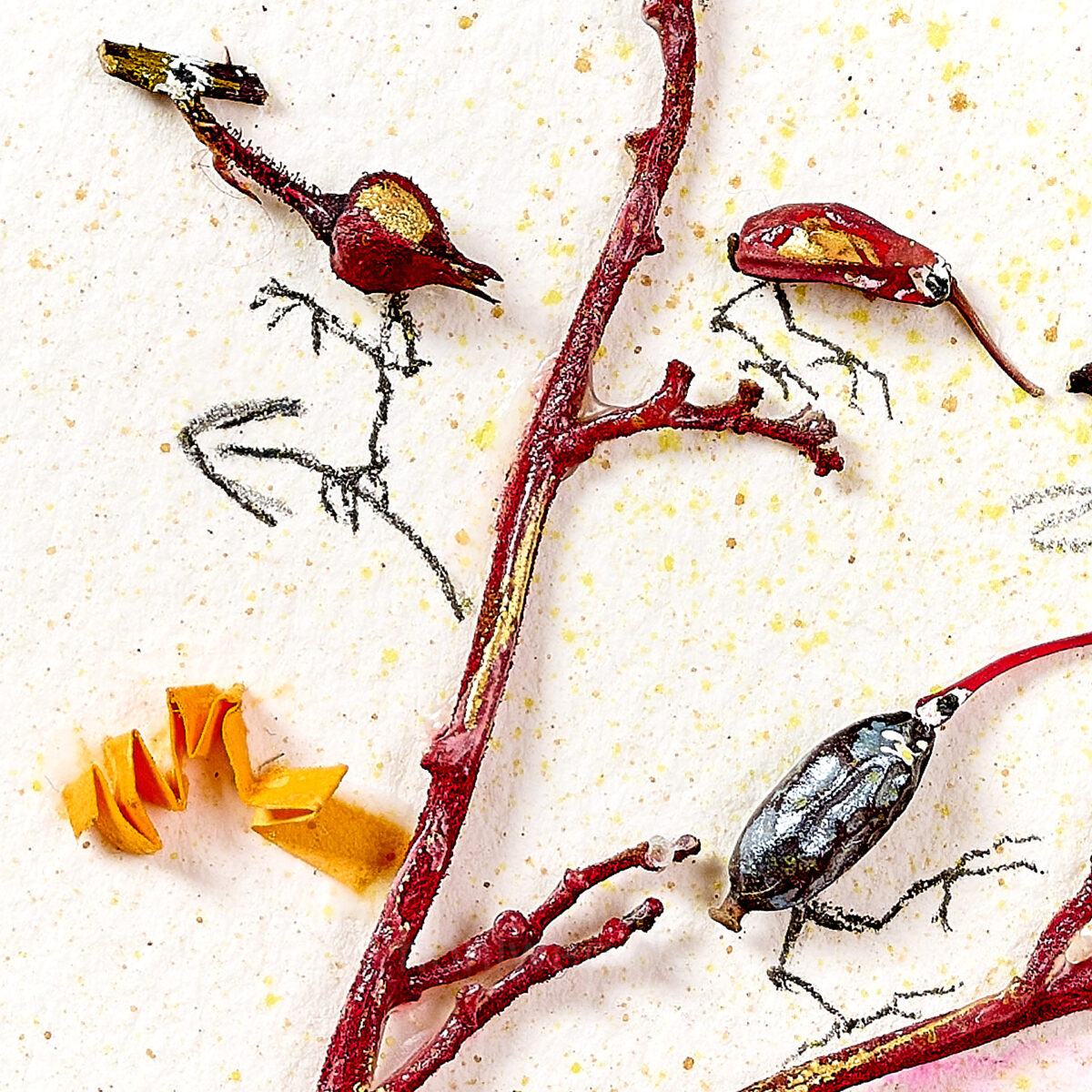 Detail -CloseUp - of a collage of plant remains reinterpreted as small bird species