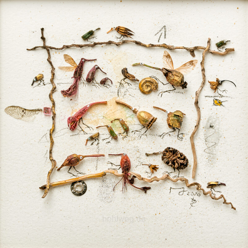 A full view of the collage “Birds Unlimited,” featuring numerous bird-like figures made from plant debris, found objects, and drawn elements.