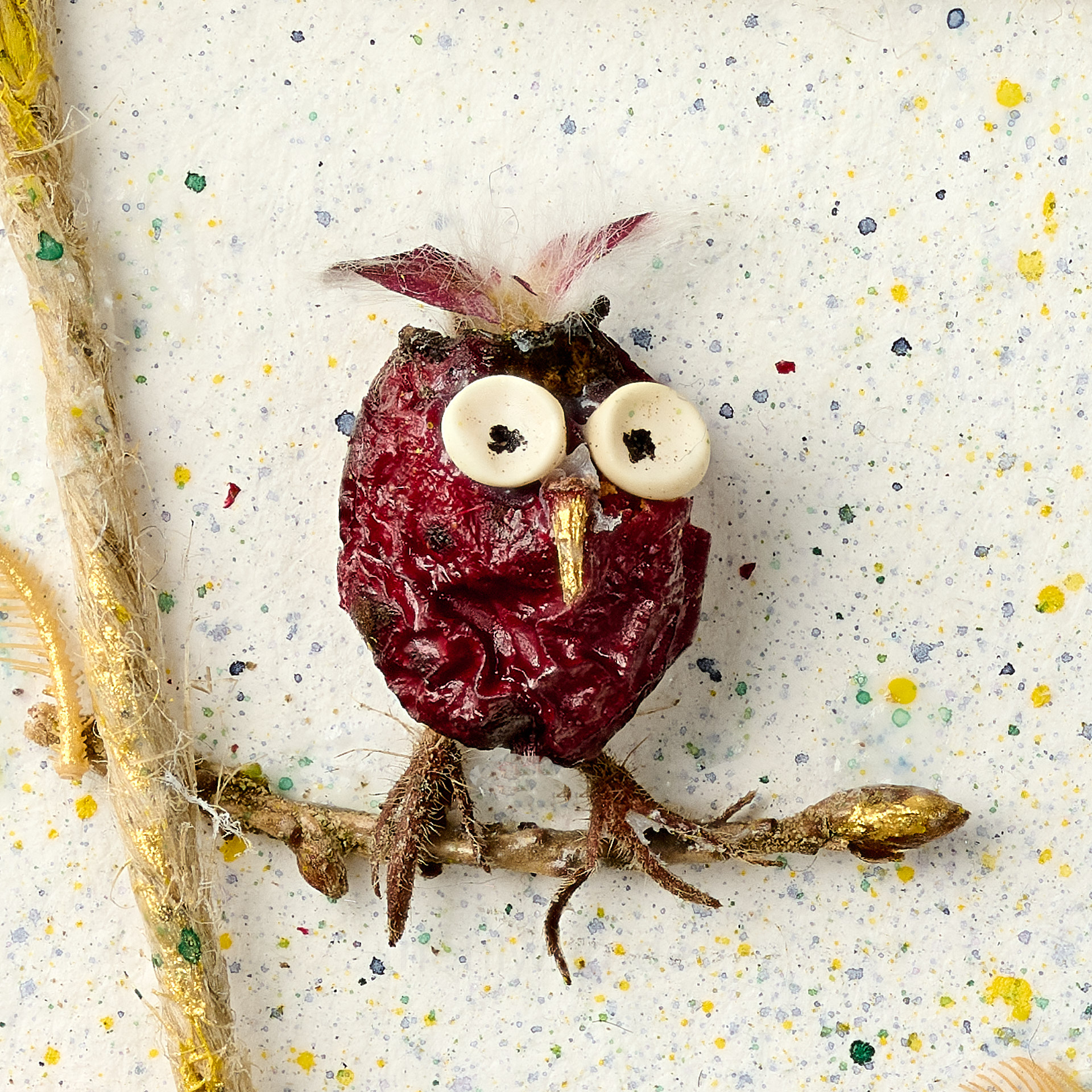 Ausschnitt einer Assemblage von Magdalena Hohlweg mit Vogelbeere als Eule