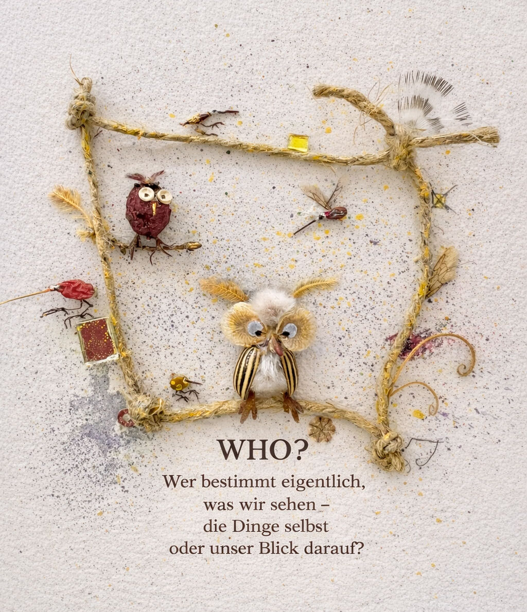 Collage by Magdalena Hohlweg with owls made from found natural objects