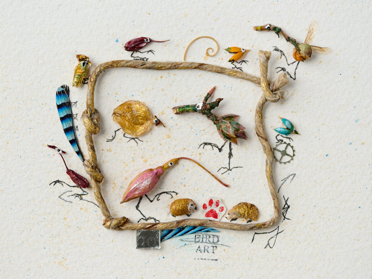 Assemblage with found objects and jay feathers framed in parcel string on approx. 5 x 5 cm