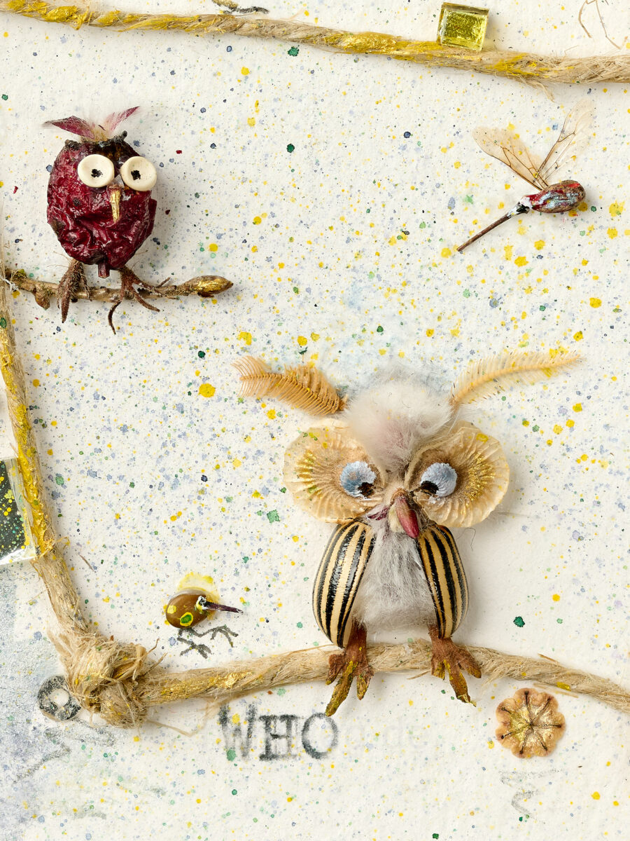 Two miniature owls made from plant remains - detail from a collage by Magdalena Hohlweg