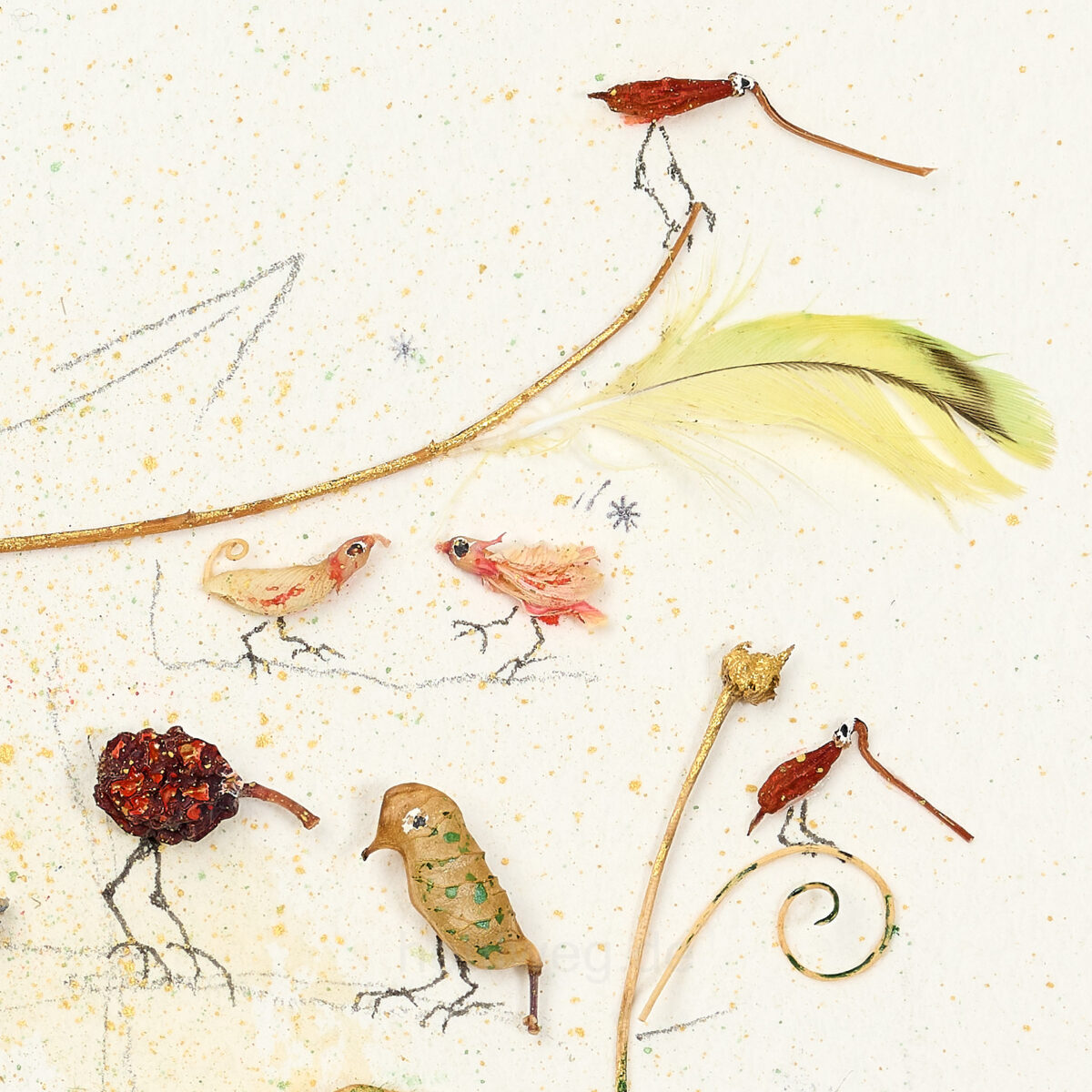 An assemblage detail featuring plant fragments that, as bird-like creatures, populate the miniature made of plant fragments and a bird feather